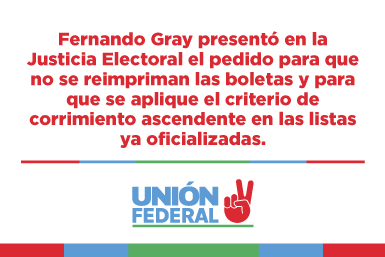 Fernando Gray presentó en la Justicia Electoral el pedido para que no se reimpriman las boletas